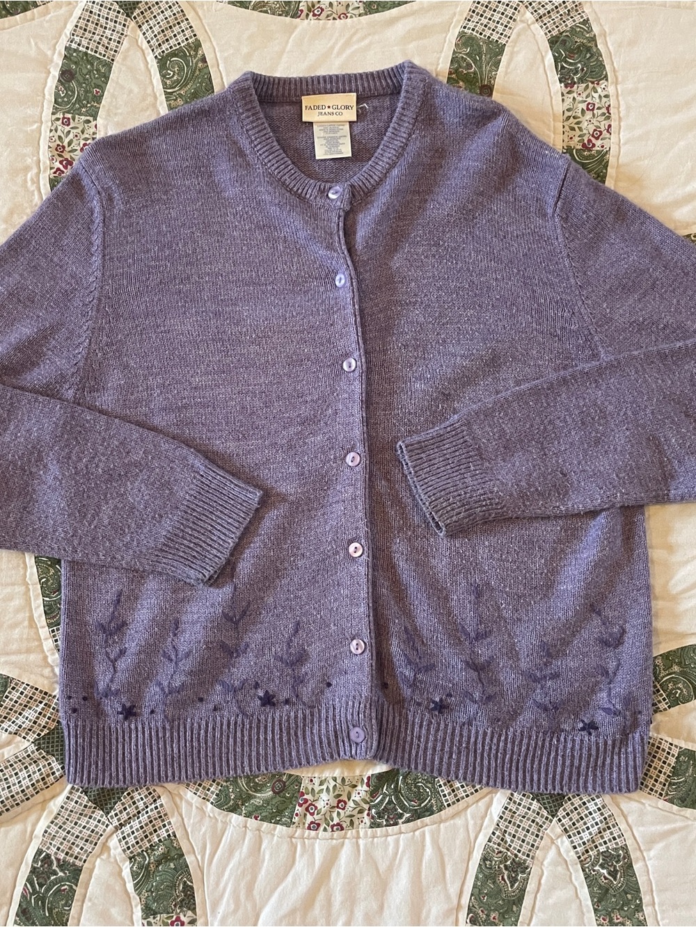 Vintage Faded Glory Lavender Purple Crewneck Cardigan Sweater Large Cottagecore